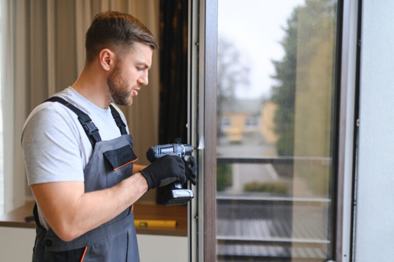 Bouwvakker installeert een nieuw raam in een huis. Slotenmaker Emmen